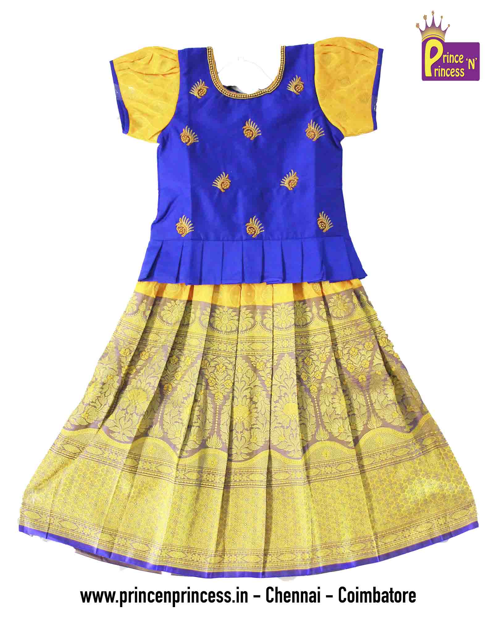 Kids Blue And Yellow Traditional AARI Pattu Pavadai PPP892 - Prince N Princess
