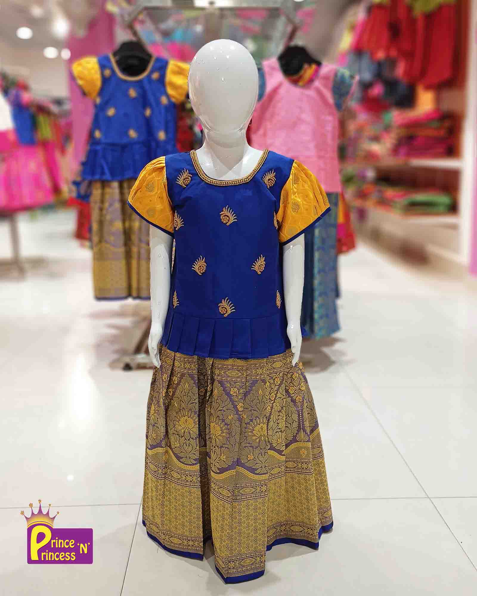 Kids Blue And Yellow Traditional AARI Pattu Pavadai PPP892 - Prince N Princess