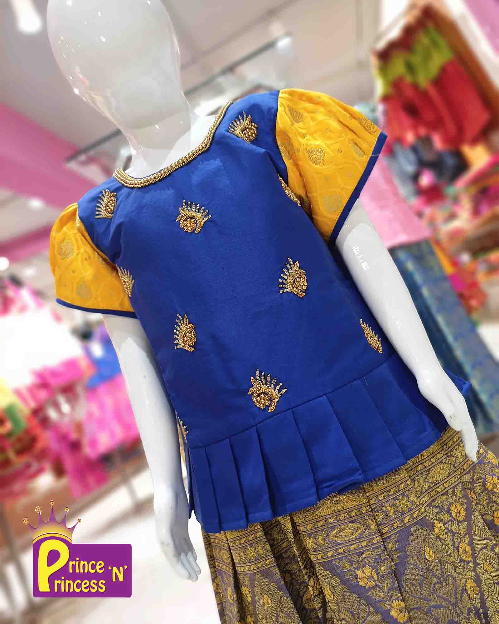 Kids Blue And Yellow Traditional AARI Pattu Pavadai PPP892 - Prince N Princess