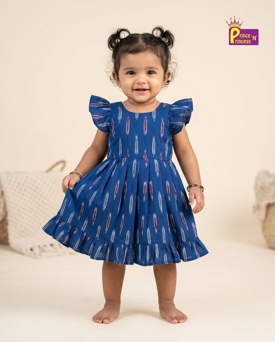 Kids Blue Ikkat Cotton Frock CF417 for kids festival wear