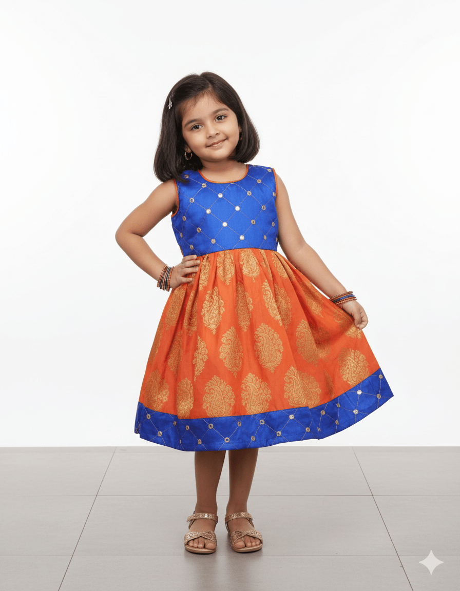 Kids Blue Orange Raw silk Gown PG054 - Prince N Princess