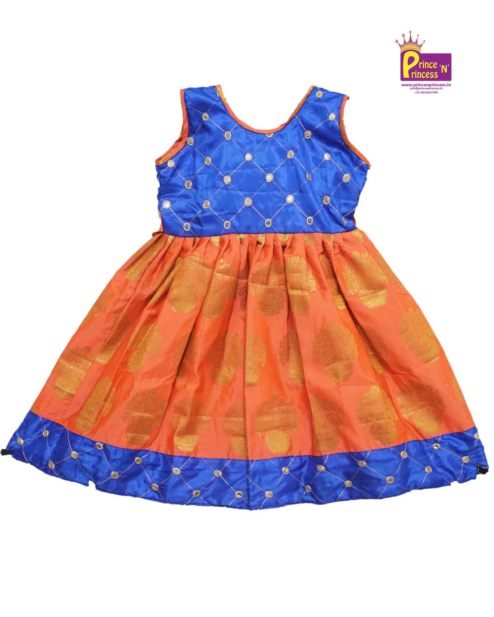 Kids Blue Orange Raw silk Gown PG054 - Prince N Princess