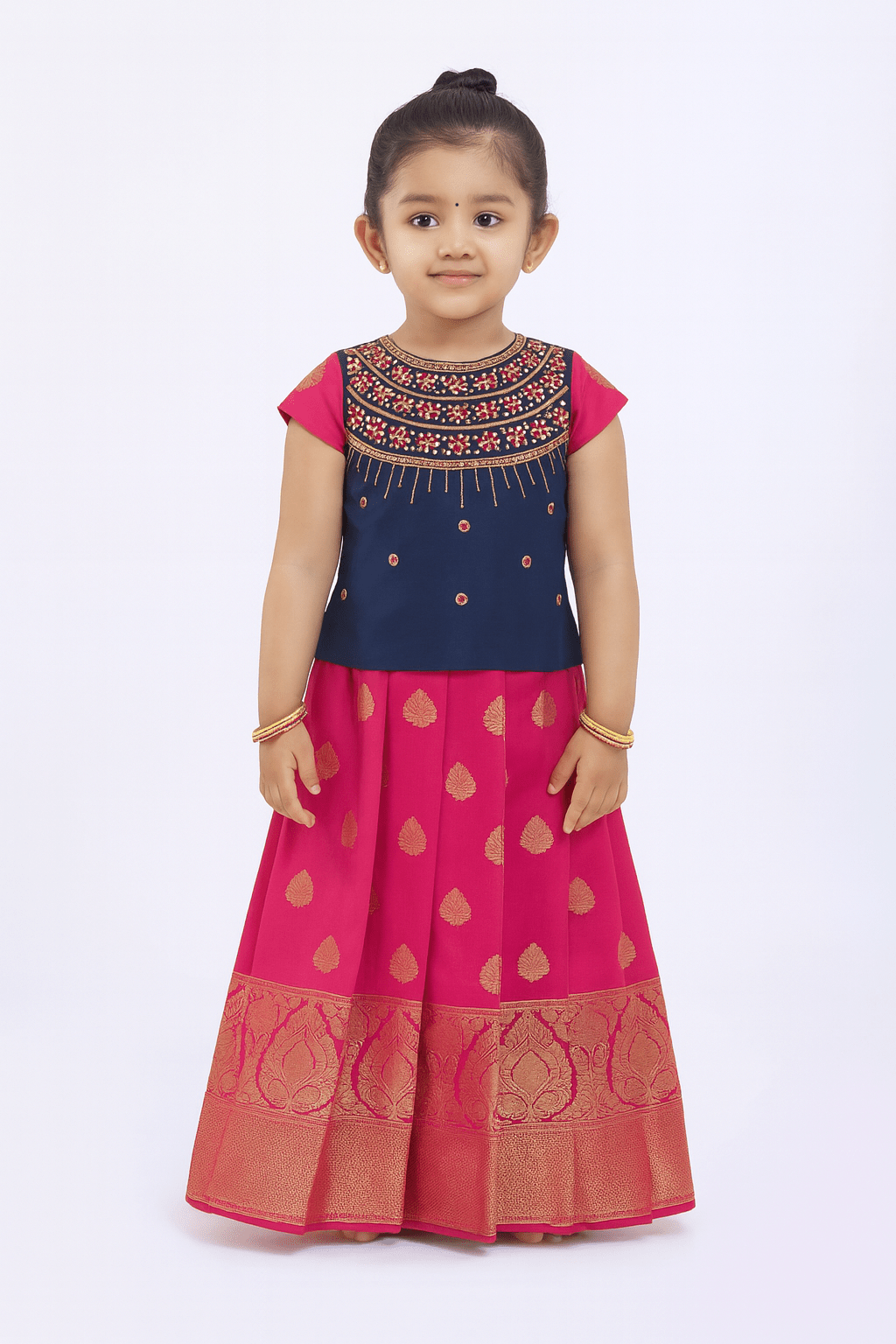 Kids Blue Pink AARI Work Pattu Pavadai PPP781 - Prince N Princess