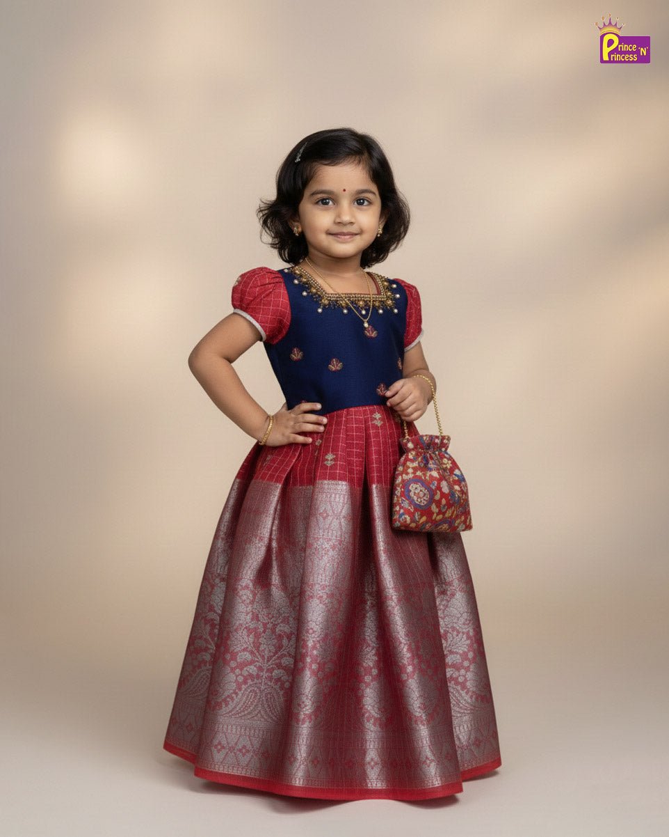 Kids Blue Red Organza AARI Ethnic Party Gown PG366 - Prince N Princess