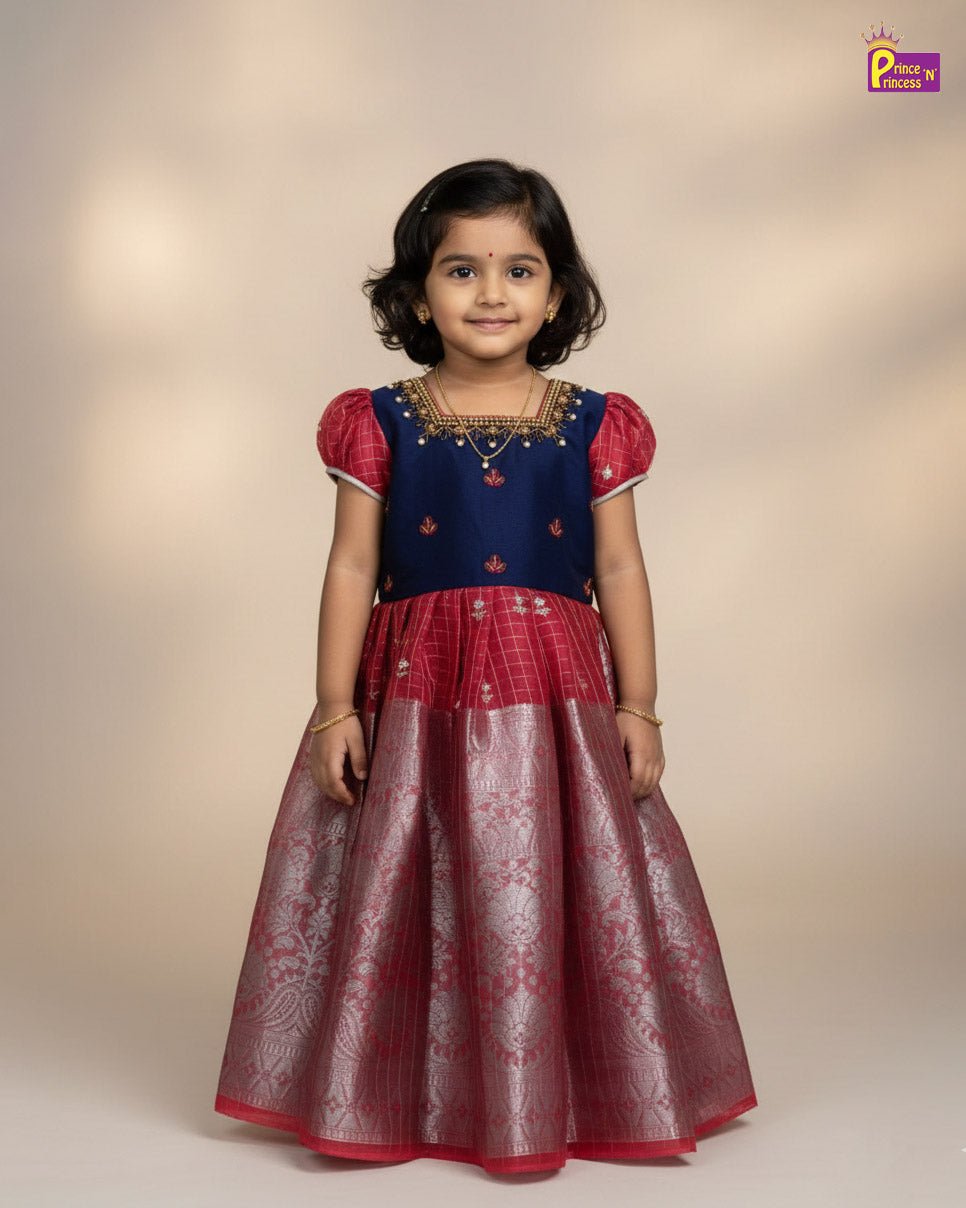 Kids Blue Red Organza AARI Ethnic Party Gown PG366 - Prince N Princess