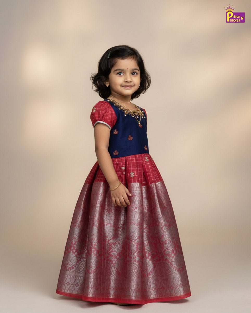 Kids Blue Red Organza AARI Ethnic Party Gown PG366 - Prince N Princess