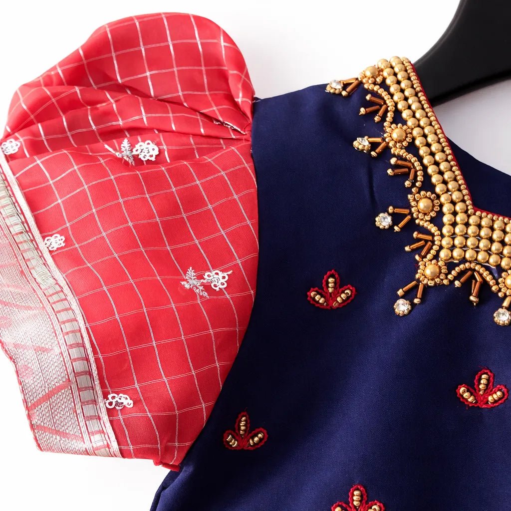 Kids Blue Red Organza AARI Ethnic Party Gown PG366 - Prince N Princess