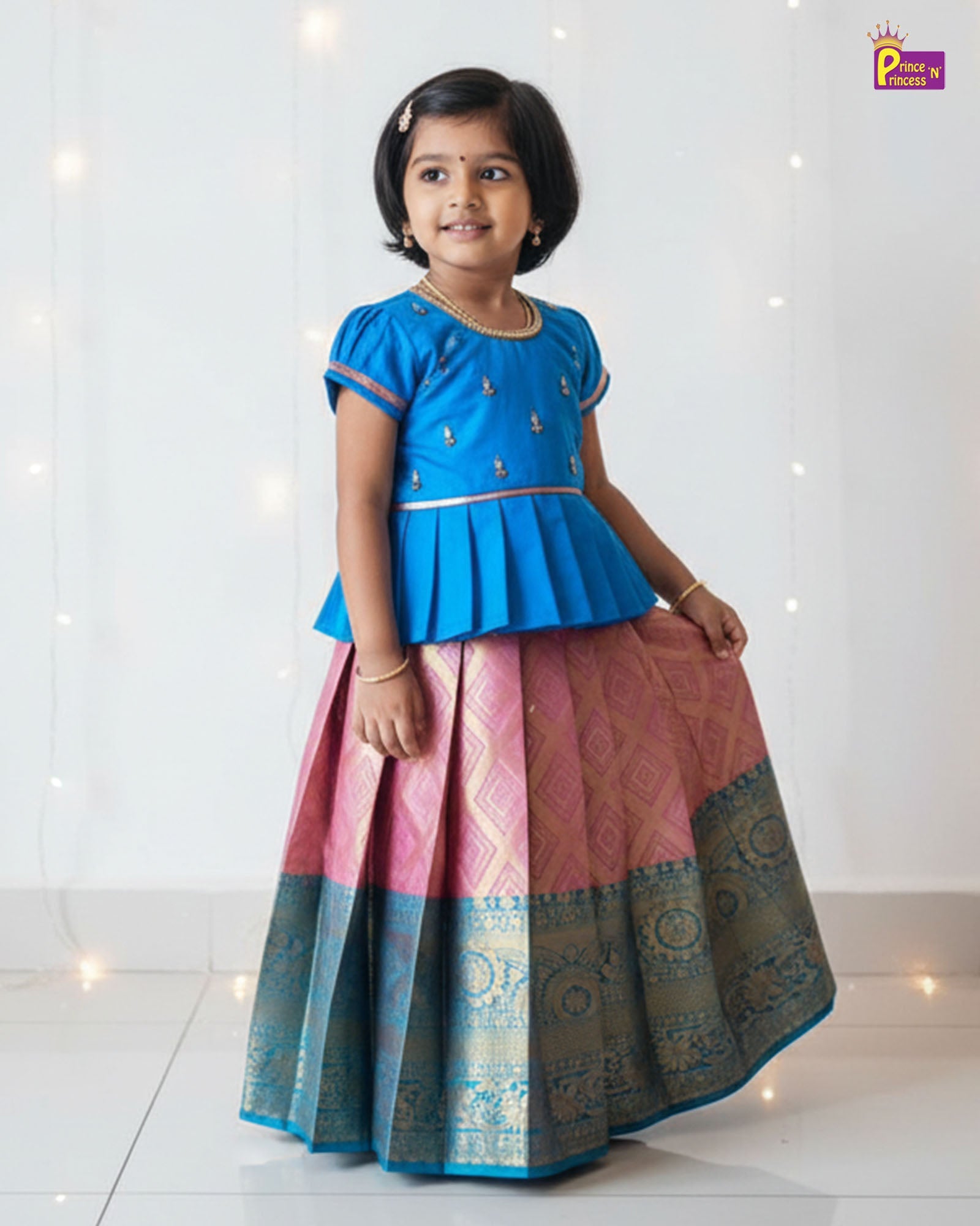 Kids Blue With Baby Pink Traditional Aari Work Pattupavadai PPP1923 - Prince N Princess