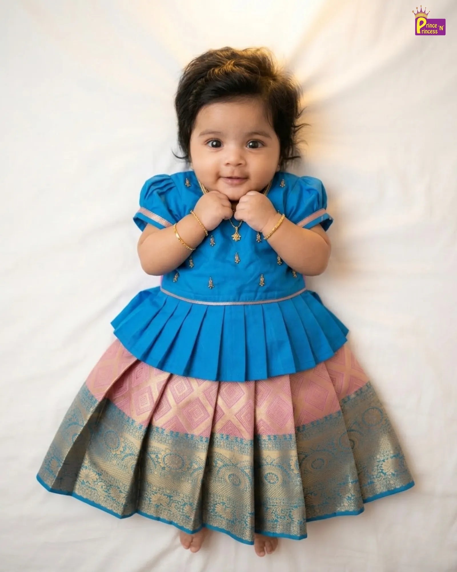 Kids Blue With Baby Pink Traditional Aari Work Pattupavadai PPP1923 - Prince N Princess
