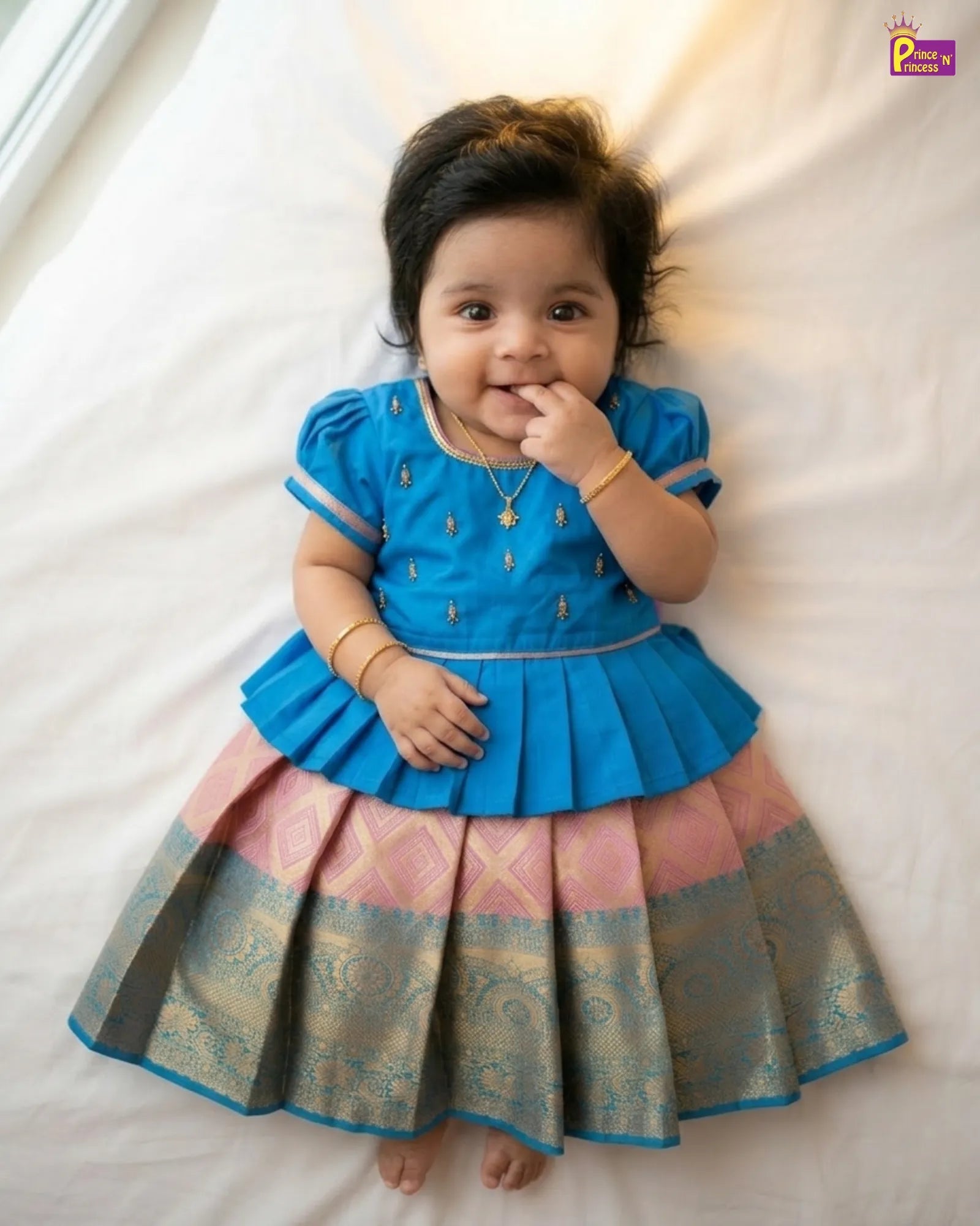 Kids Blue With Baby Pink Traditional Aari Work Pattupavadai PPP1923 - Prince N Princess