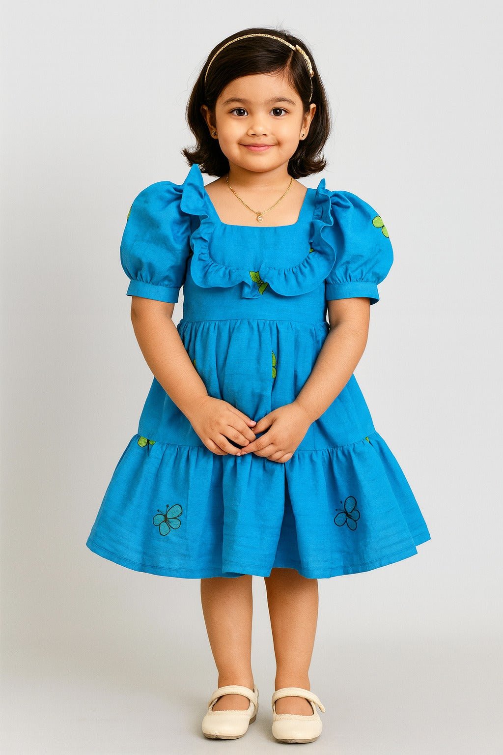 Kids Blue With Embroidery Butterfly Cotton Frock CF379 - Prince N Princess