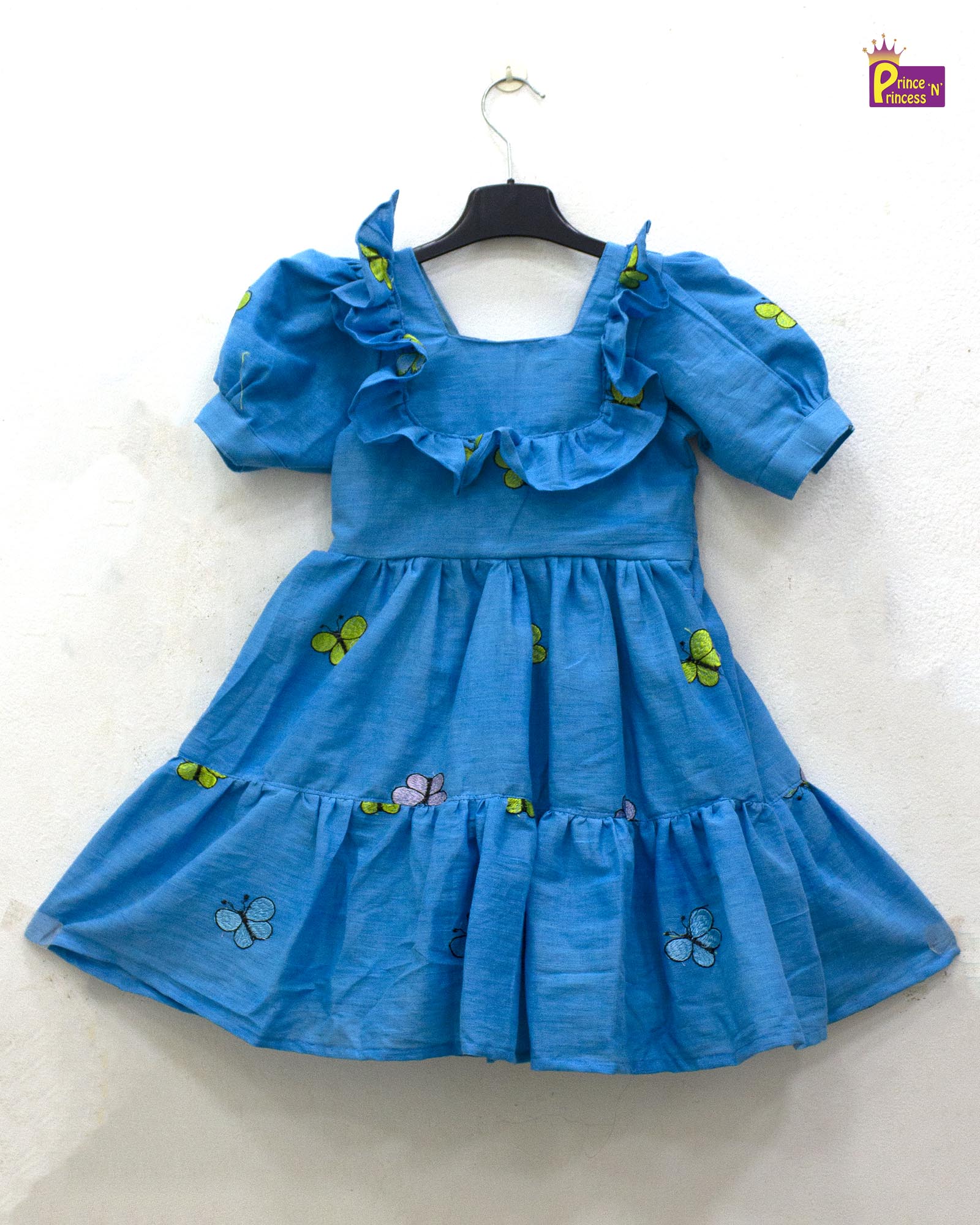 Kids Blue With Embroidery Butterfly Cotton Frock CF379 - Prince N Princess