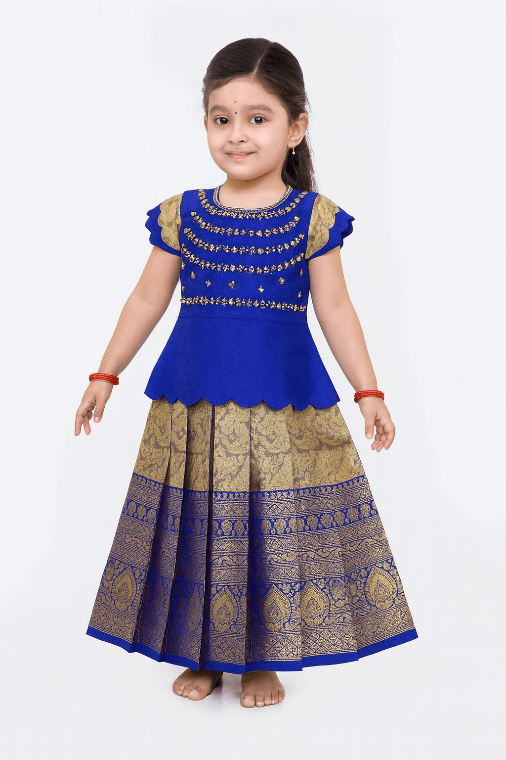 Kids Blue with Golden Traditional Aari Pattupavadai PPP1732 ( We need 2 - 3 days of despatch time) - Prince N Princess
