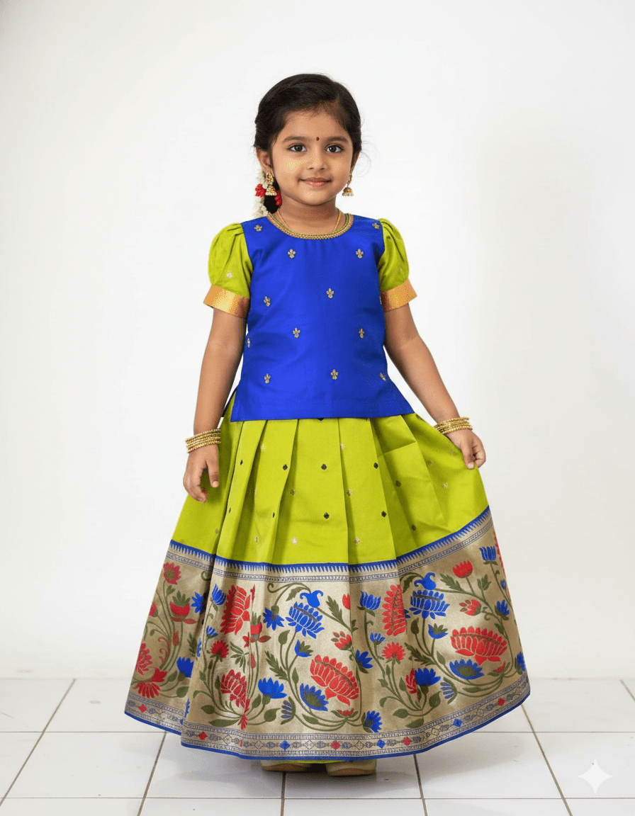 Kids Blue With Green Traditional Aari Work Pattupavadai PPP999 - Prince N Princess