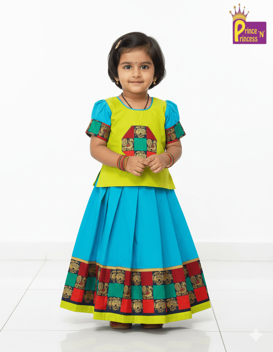 Kids Blue With Green Traditional Pattu Pavadai PPP912 - Prince N Princess
