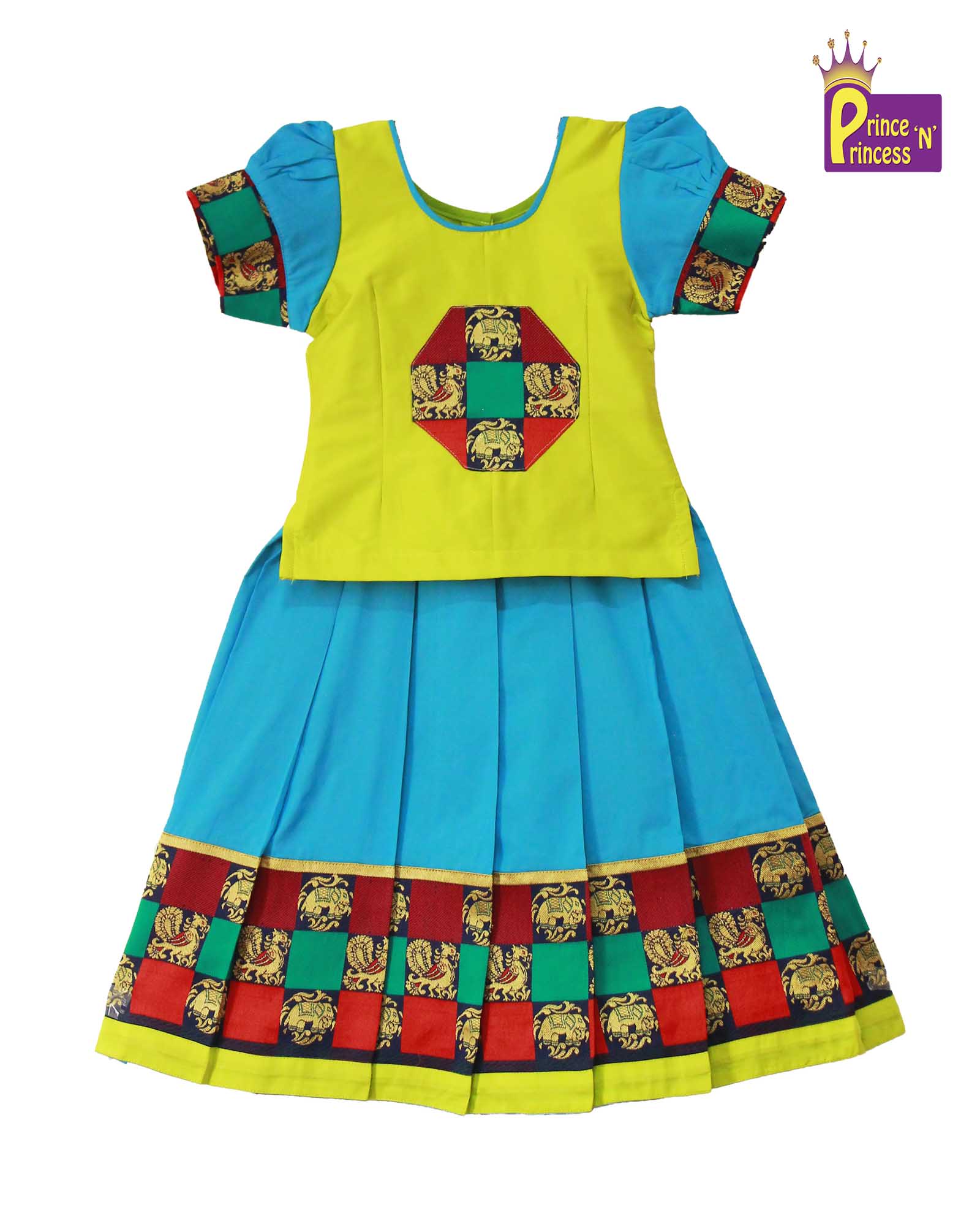Kids Blue With Green Traditional Pattu Pavadai PPP912 - Prince N Princess