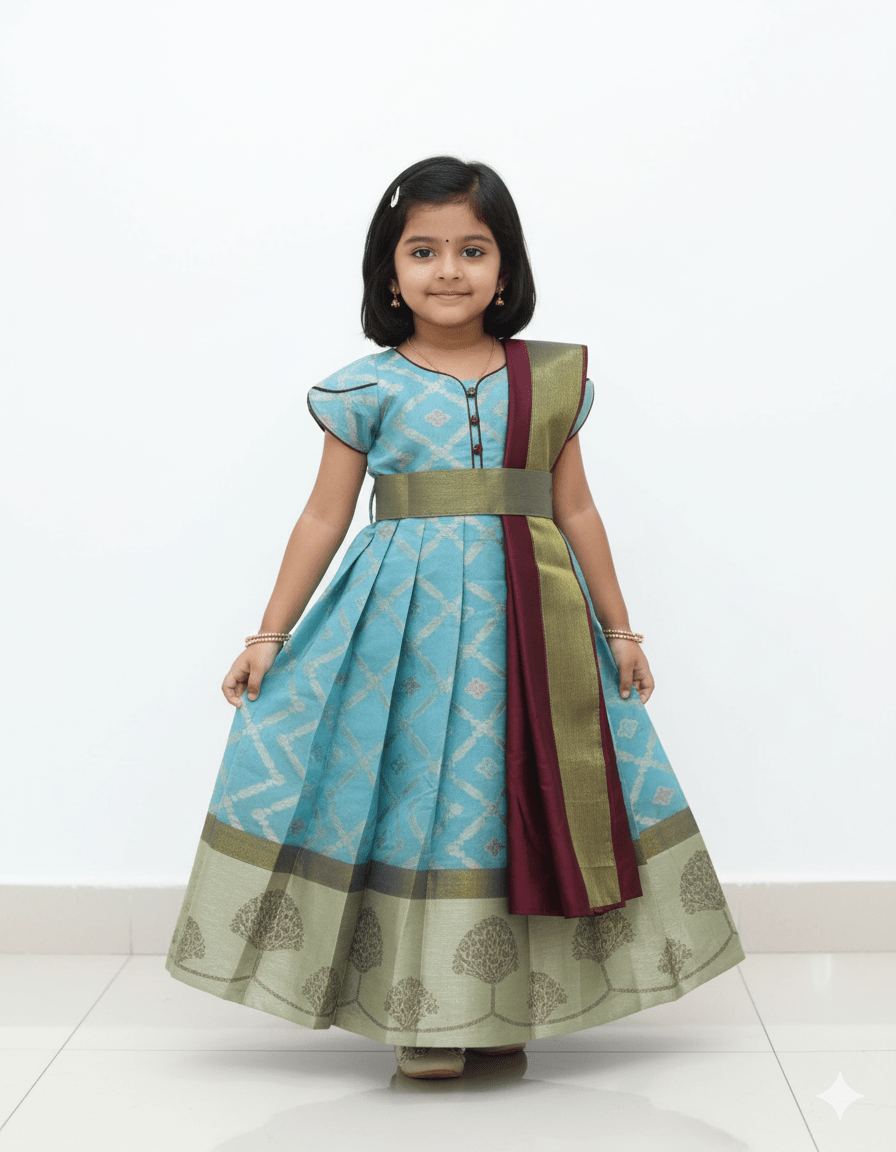 Kids Blue with maroon Ethnic Gown with Hipbelt PG534 - Prince N Princess