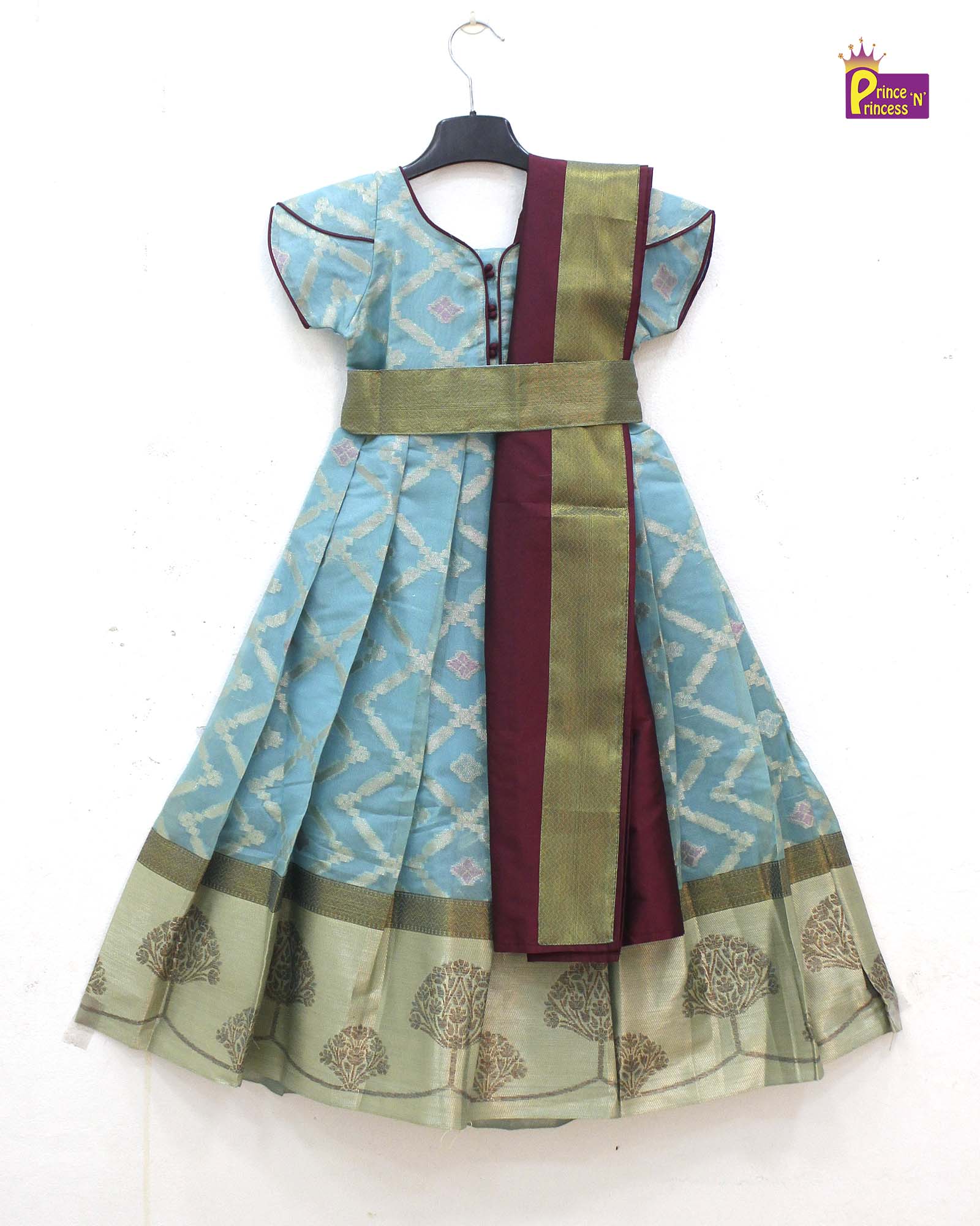 Kids Blue with maroon Ethnic Gown with Hipbelt PG534 - Prince N Princess