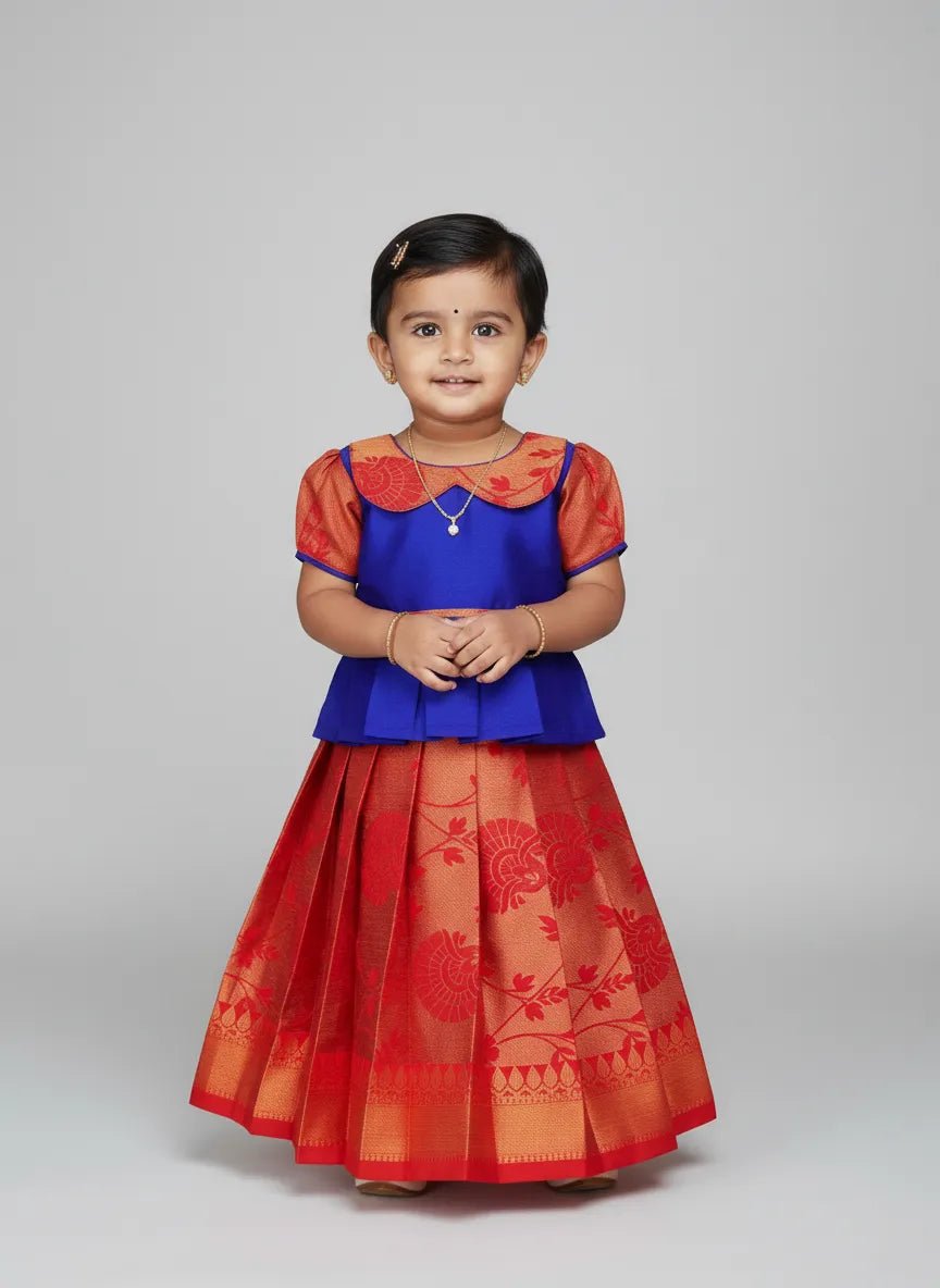 Kids Blue With Red Traditional Pattu Pavadai PPP1372 - Prince N Princess