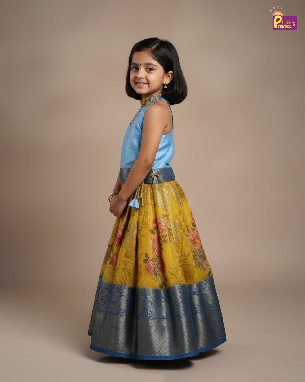 Kids Blue Yellow Halter Neck with Banarasi Digital Print Pattu pavadai PPP1991 - Prince N Princess