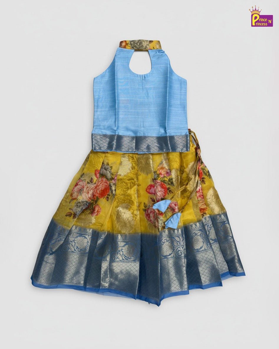 Kids Blue Yellow Halter Neck with Banarasi Digital Print Pattu pavadai PPP1991 - Prince N Princess