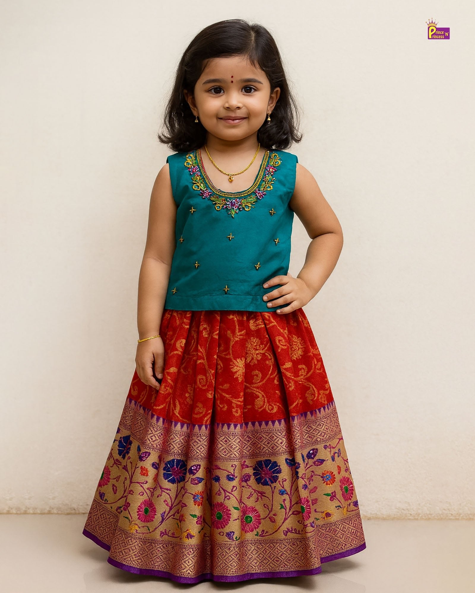 Kids Bottle Green With Red Traditional Pattupavadai PPP1896 - Prince N Princess