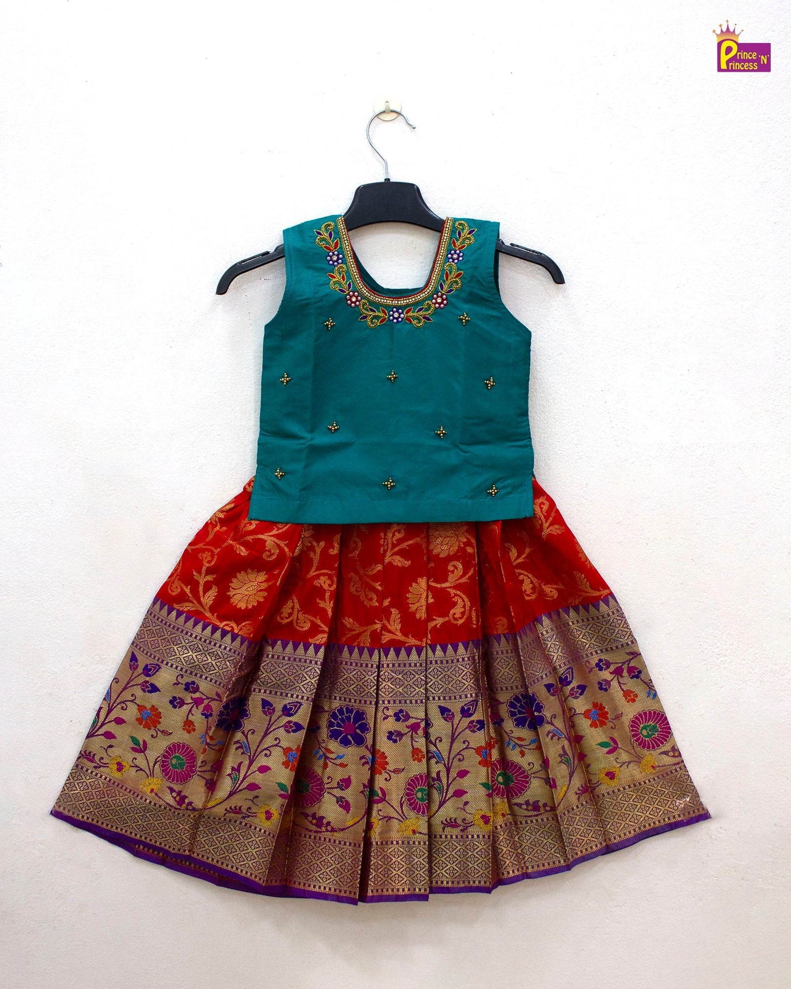 Kids Bottle Green With Red Traditional Pattupavadai PPP1896 - Prince N Princess