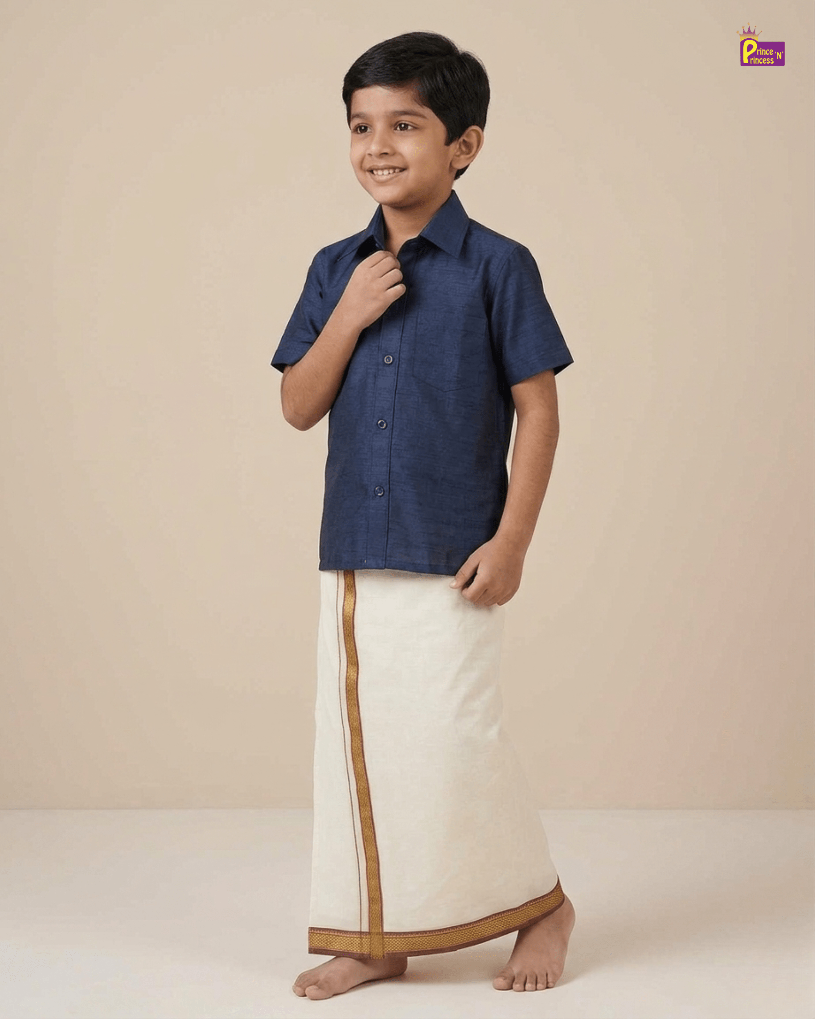 Kids Boys Navy Half Sleeve Silk Shirt ST081 for kids festival wear