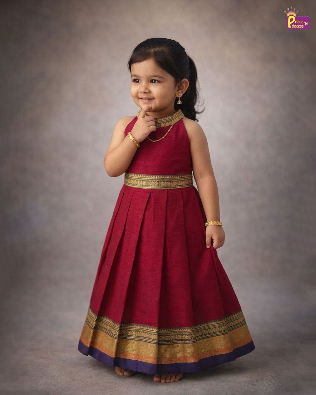 Kids Chettinad Cotton Halter Neck Long Gown in Maroon PG691 - Prince N Princess