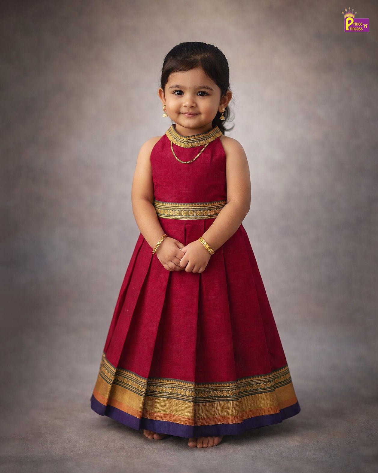 Kids Chettinad Cotton Halter Neck Long Gown in Maroon PG691 - Prince N Princess