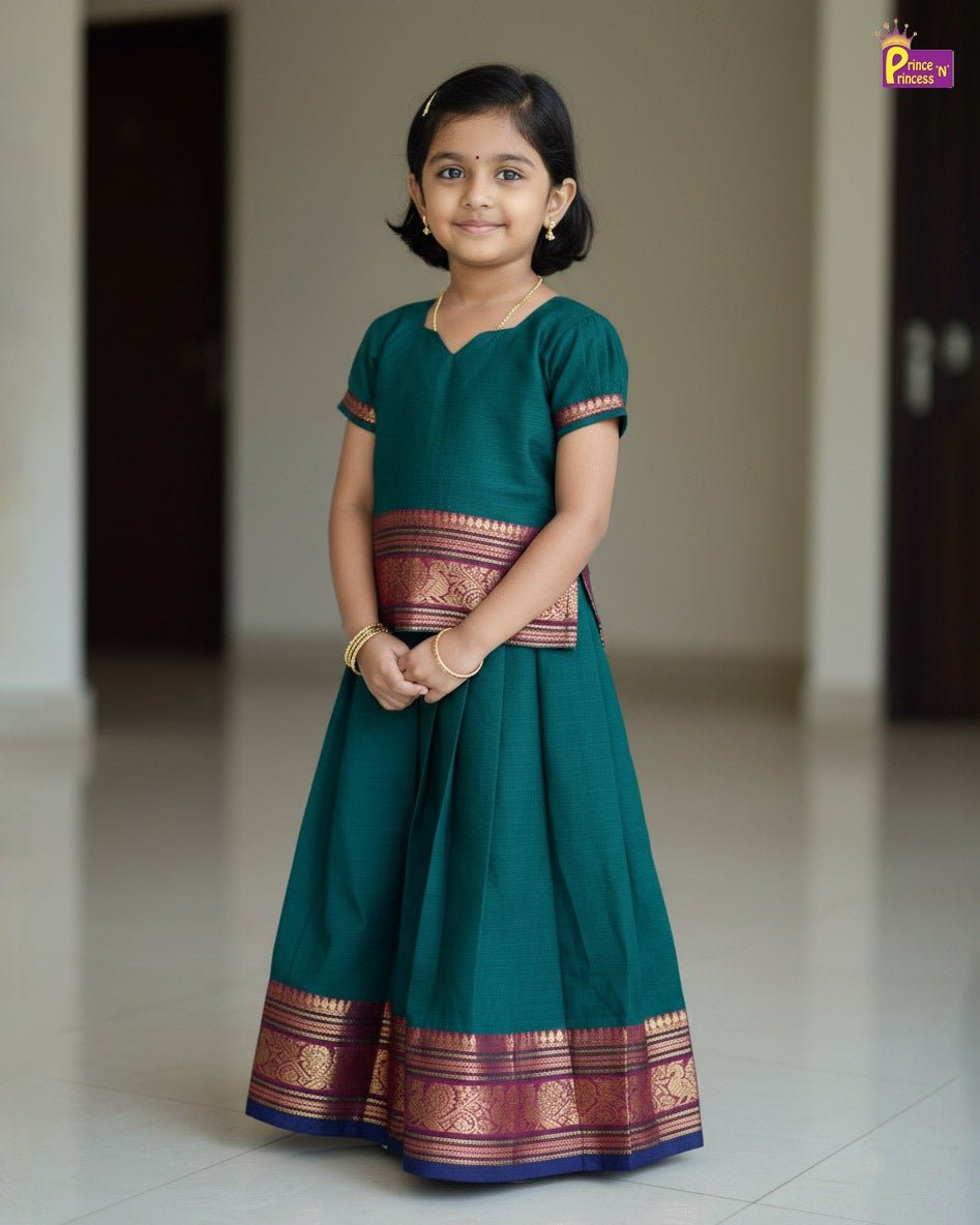 Kids Chettinad Cotton Pavadai Sattai Dark Green PPP1972 - Prince N Princess