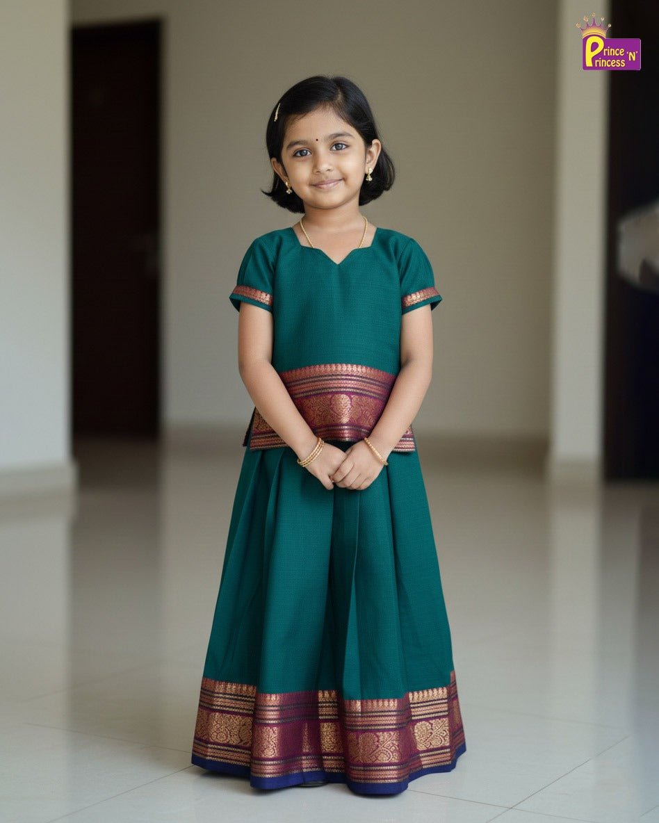 Kids Chettinad Cotton Pavadai Sattai Dark Green PPP1972 - Prince N Princess