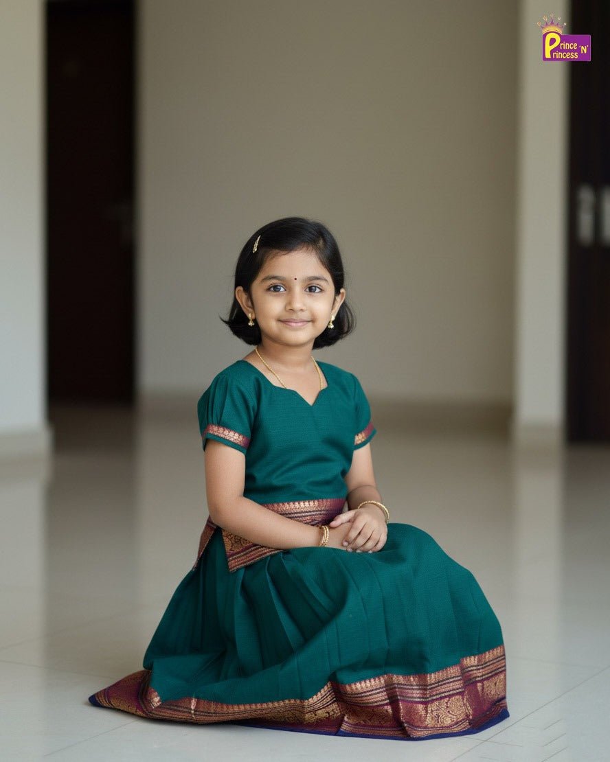 Kids Chettinad Cotton Pavadai Sattai Dark Green PPP1972 - Prince N Princess