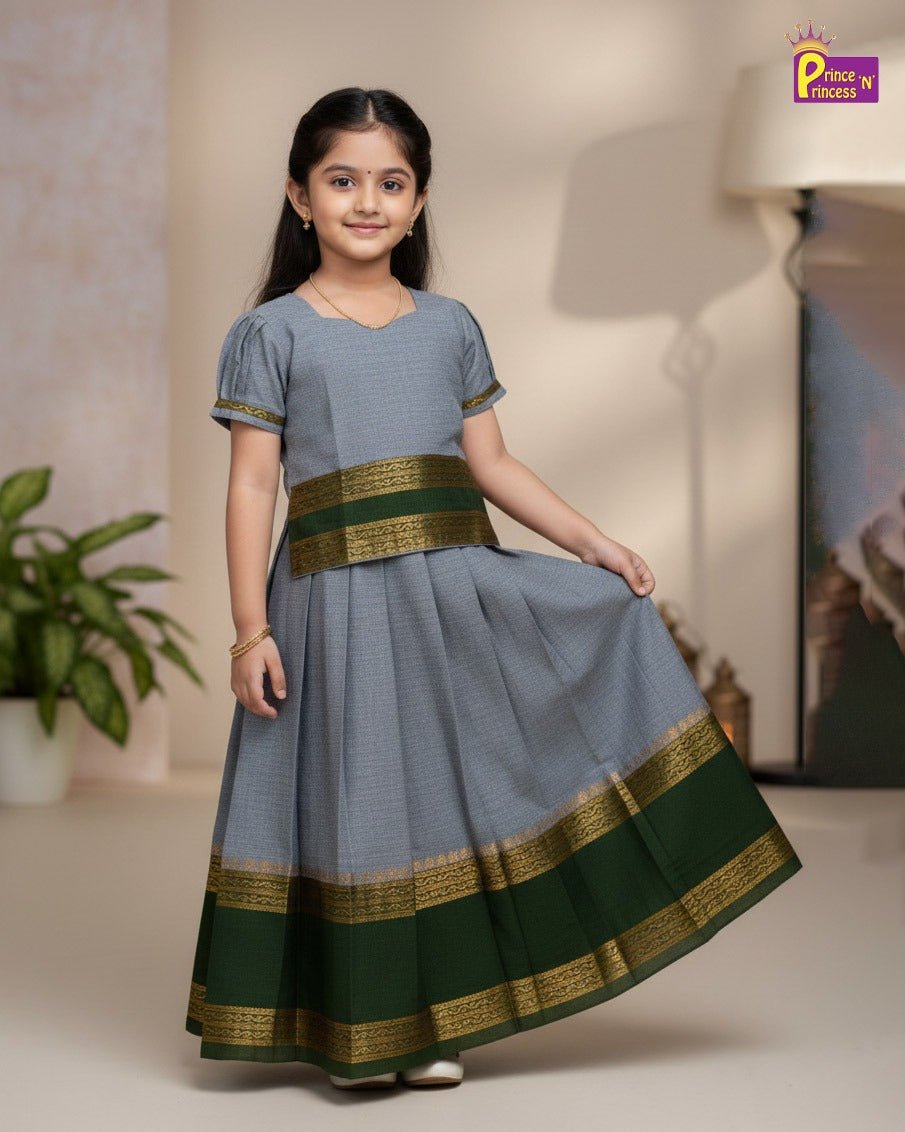 Kids Chettinad Cotton Pavadai Sattai Grey With Oilve green PPP1989 - Prince N Princess