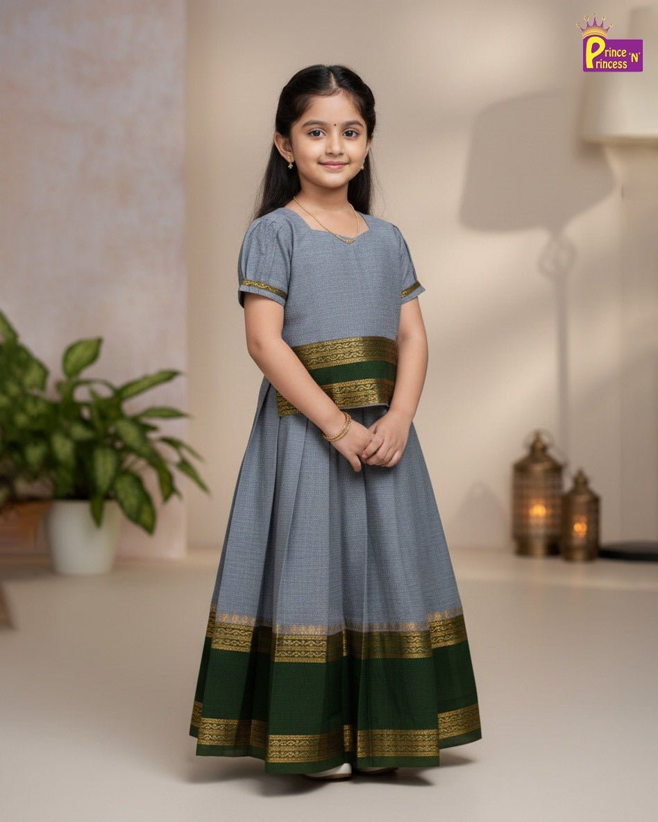 Kids Chettinad Cotton Pavadai Sattai Grey With Oilve green PPP1989 - Prince N Princess