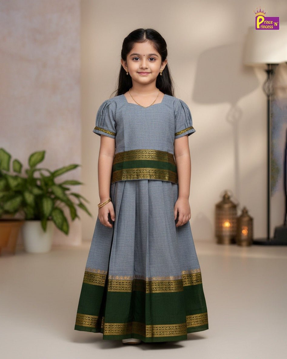 Kids Chettinad Cotton Pavadai Sattai Grey With Oilve green PPP1989 - Prince N Princess