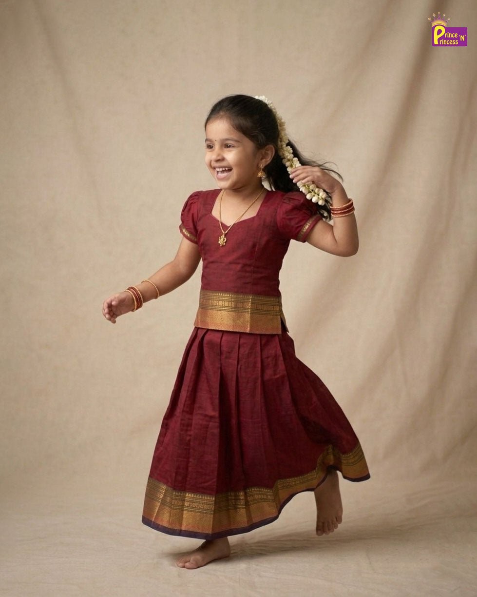 Kids Chettinad Cotton Pavadai Sattai Maroon PPP2025 - Prince N Princess