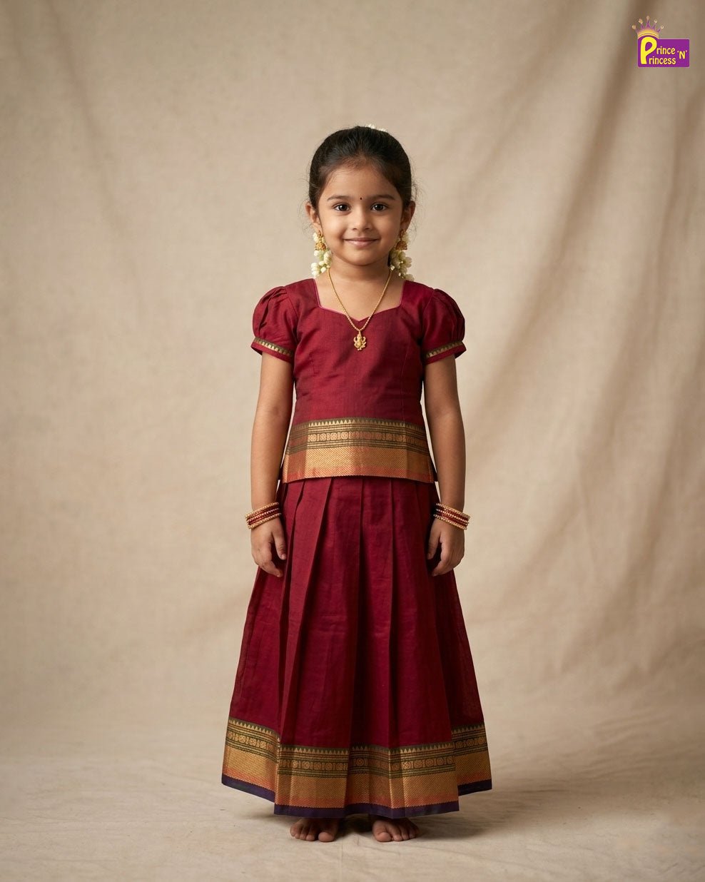 Kids Chettinad Cotton Pavadai Sattai Maroon PPP2025 - Prince N Princess