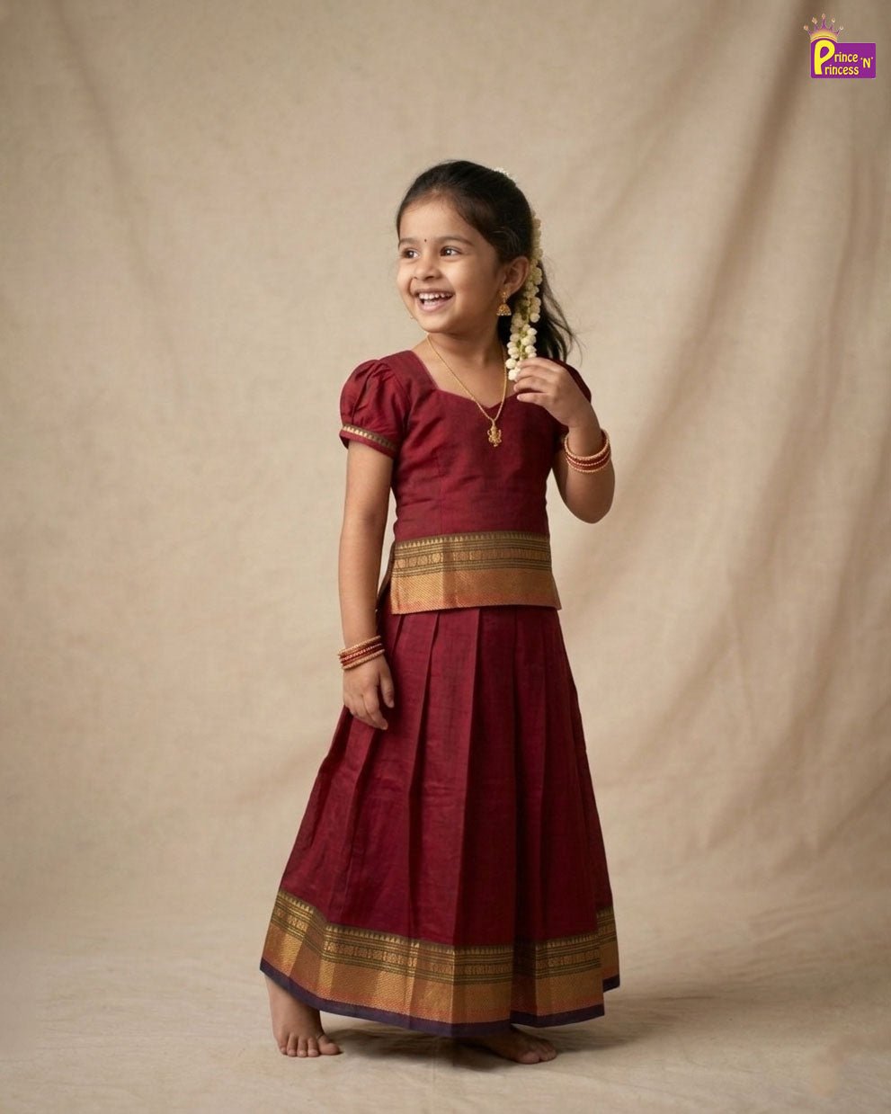 Kids Chettinad Cotton Pavadai Sattai Maroon PPP2025 - Prince N Princess
