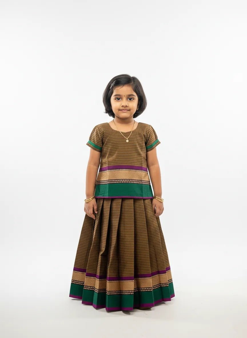 Kids Chettinad Cotton Pavadai Sattai Mustard Brown PPP1884 - Prince N Princess