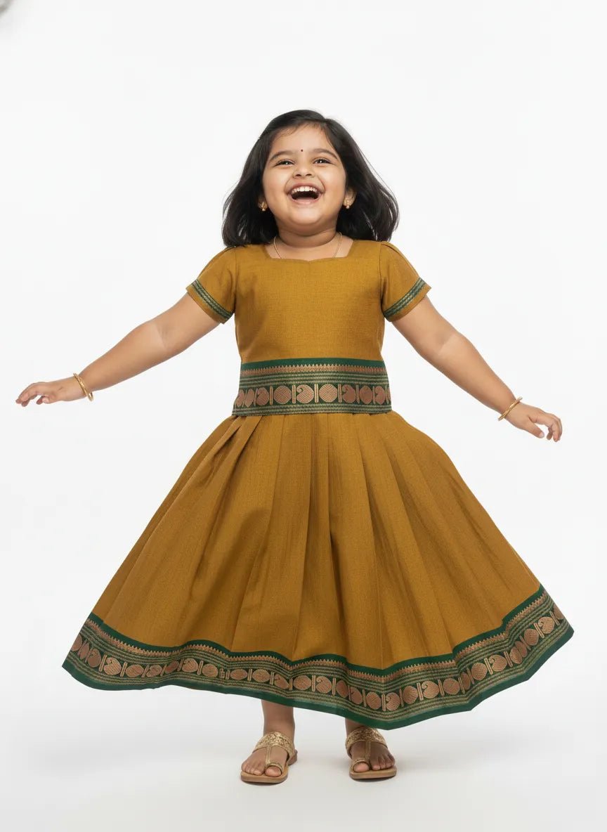 Kids Chettinad Cotton Pavadai Sattai Mustard PPP1875 - Prince N Princess