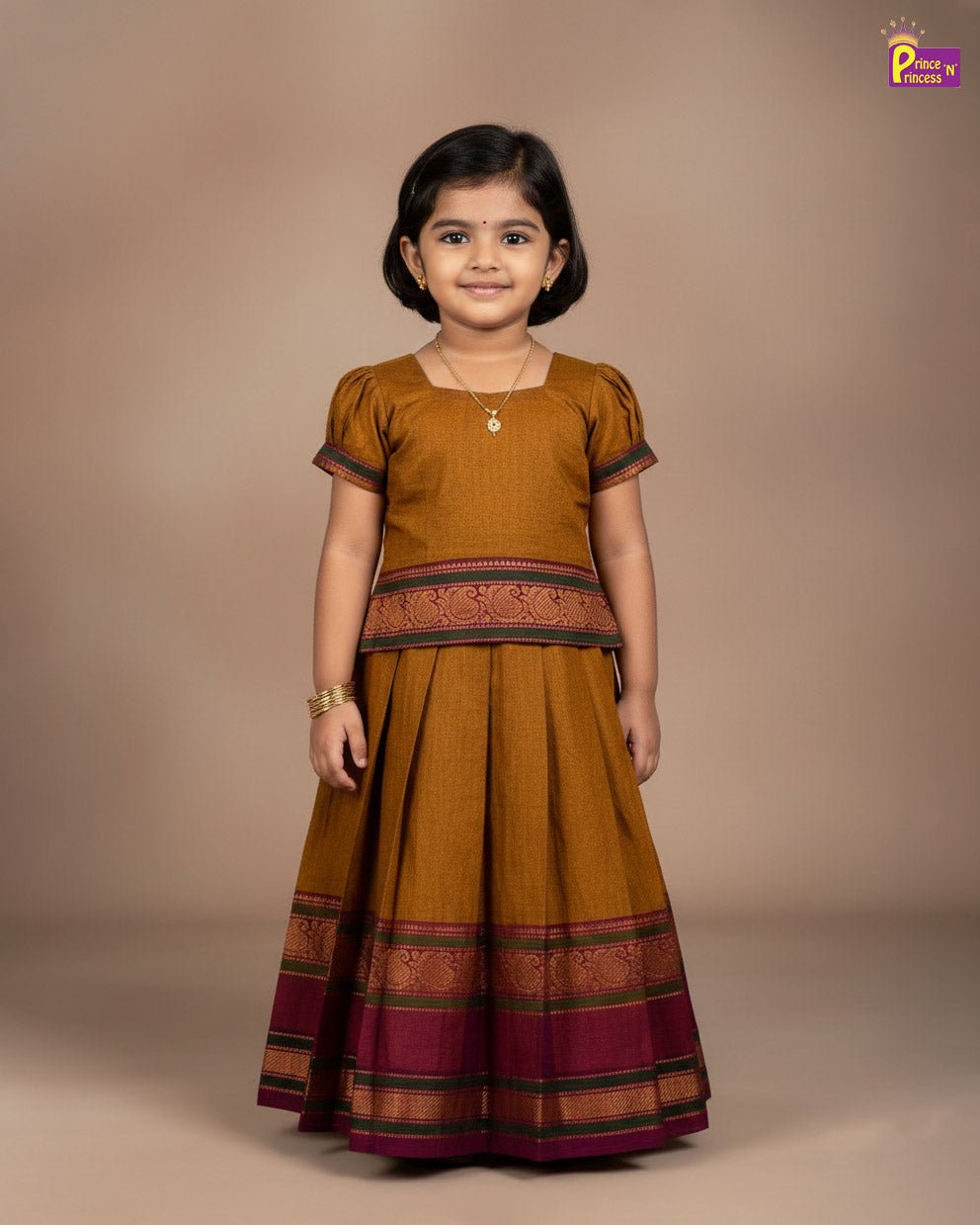 Kids Chettinad Cotton Pavadai Sattai Mustard PPP1990 - Prince N Princess