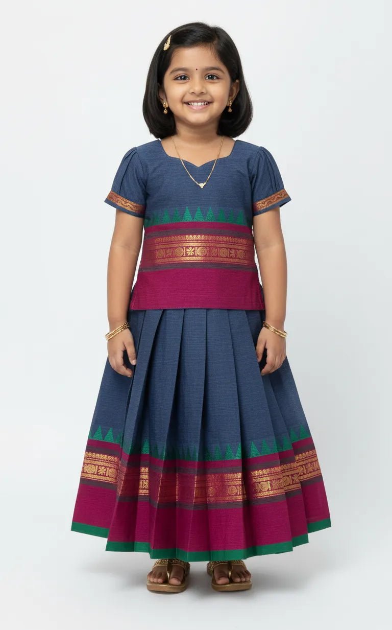 Kids Chettinad Cotton Pavadai Sattai Peacock Blue PPP1882 - Prince N Princess