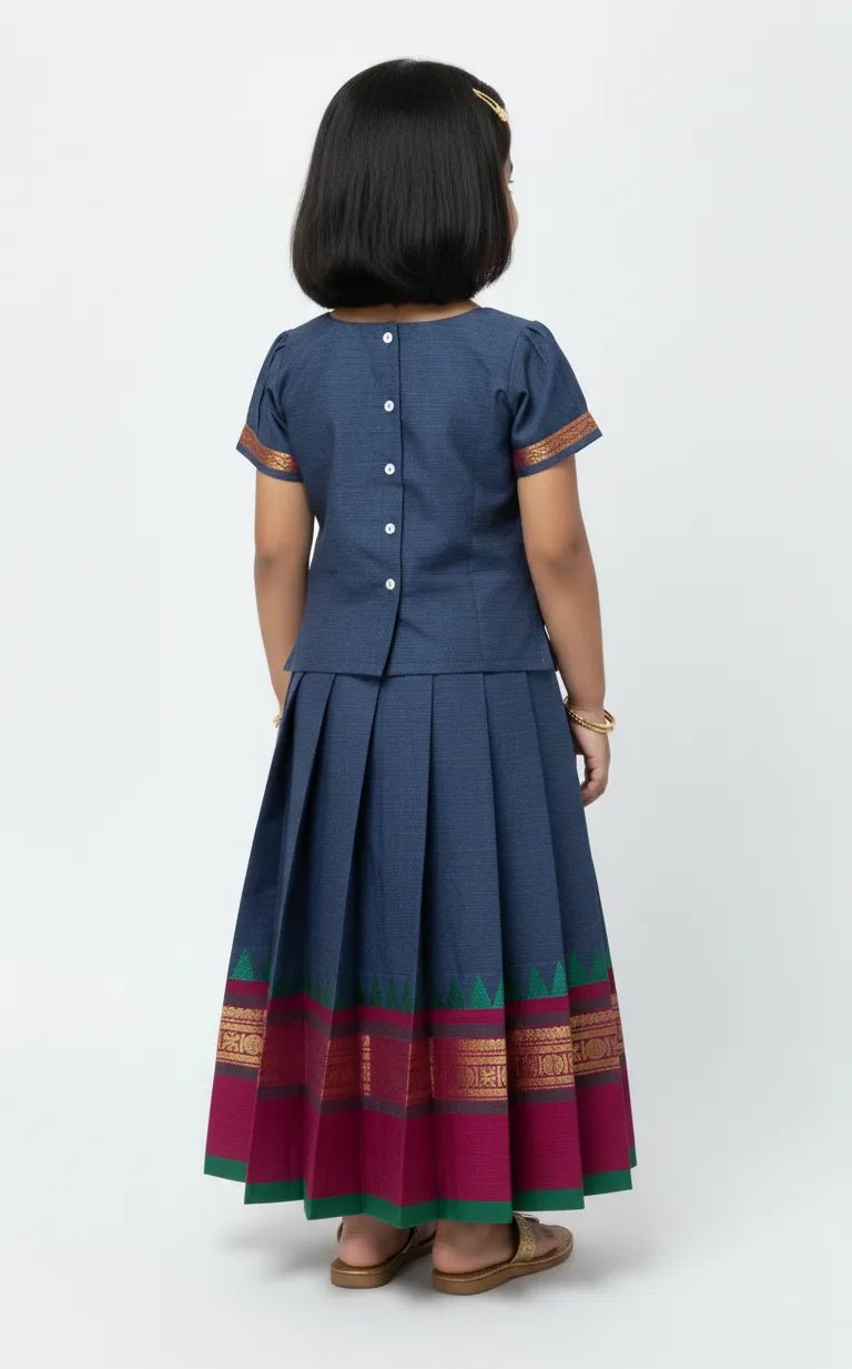 Kids Chettinad Cotton Pavadai Sattai Peacock Blue PPP1882 - Prince N Princess