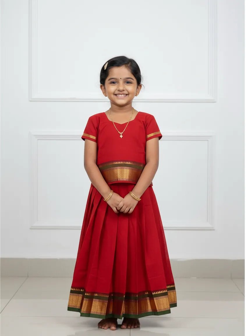 Kids Chettinad Cotton Pavadai Sattai Red PPP1881 - Prince N Princess