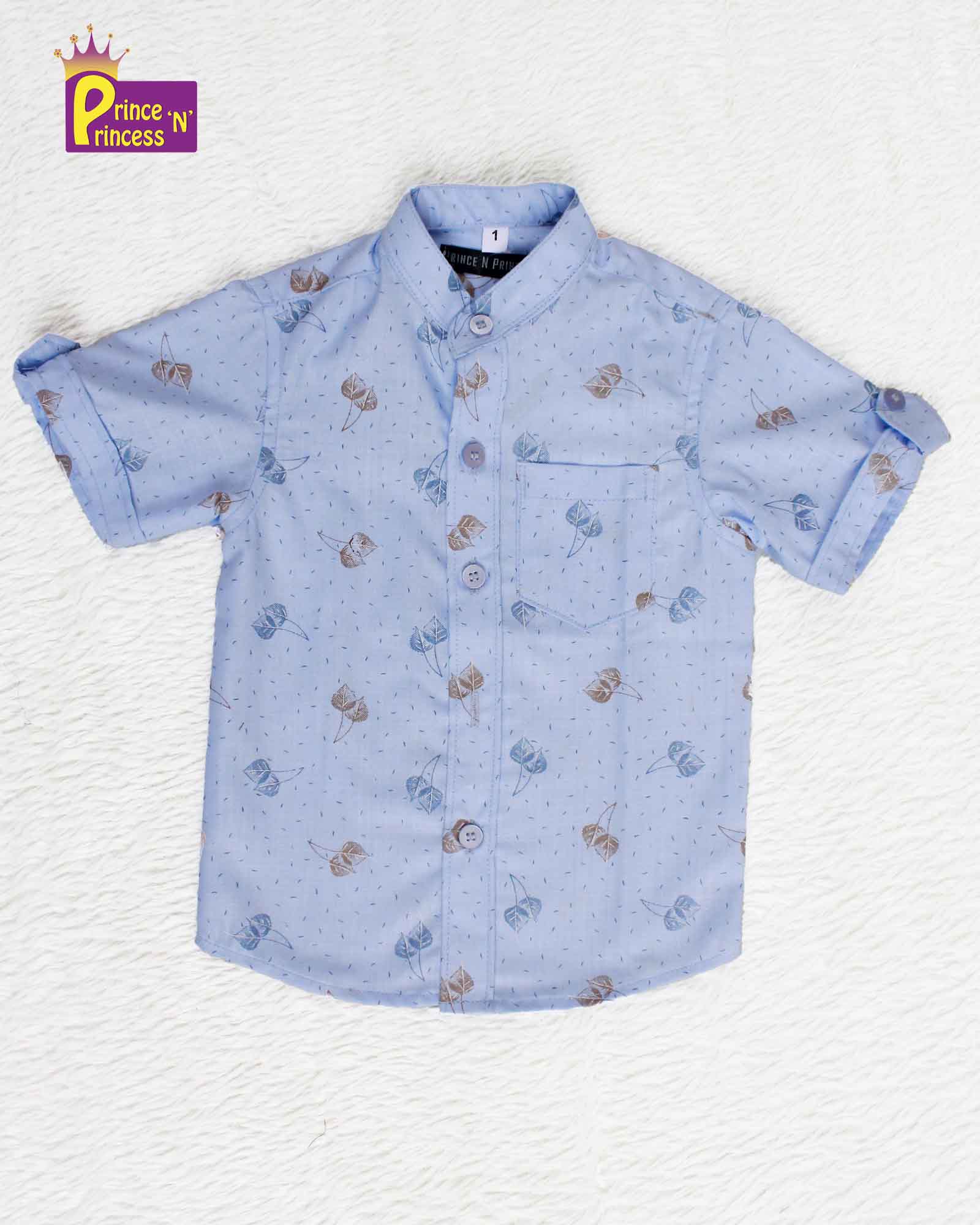 Kids Cotton Blue With Flower Printed Half Sleeve Shirt ST008 - Prince N Princess