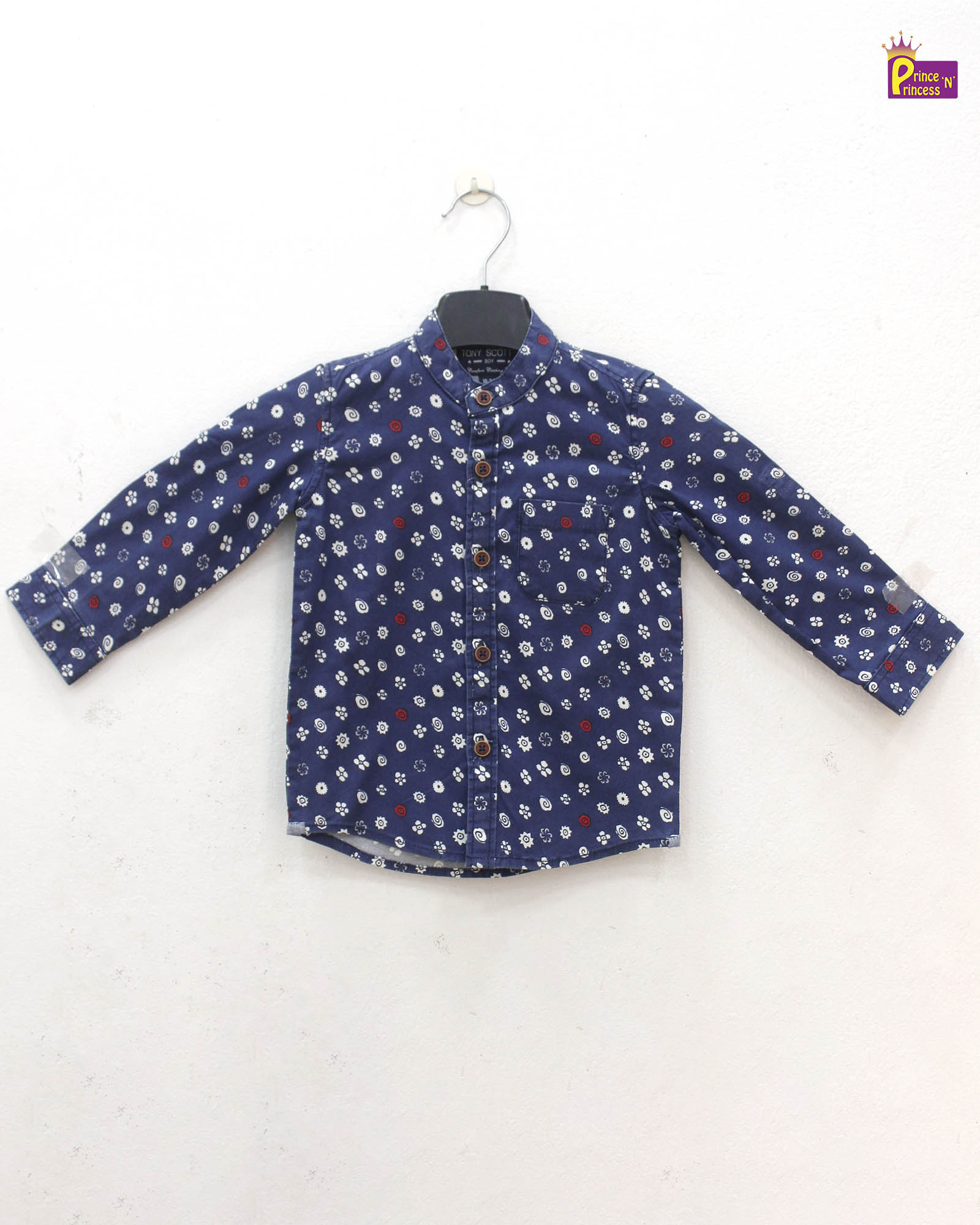 Kids Cotton Blue with White Printed Full Sleeve Shirt ST196 - Prince N Princess
