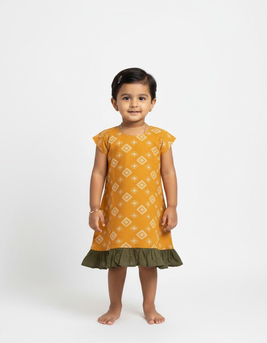 Kids Cotton Frock Yellow with Green CF168 - Prince N Princess