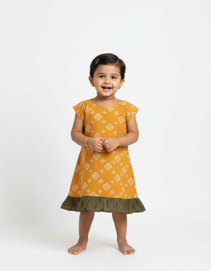 Kids Cotton Frock Yellow with Green CF168 - Prince N Princess