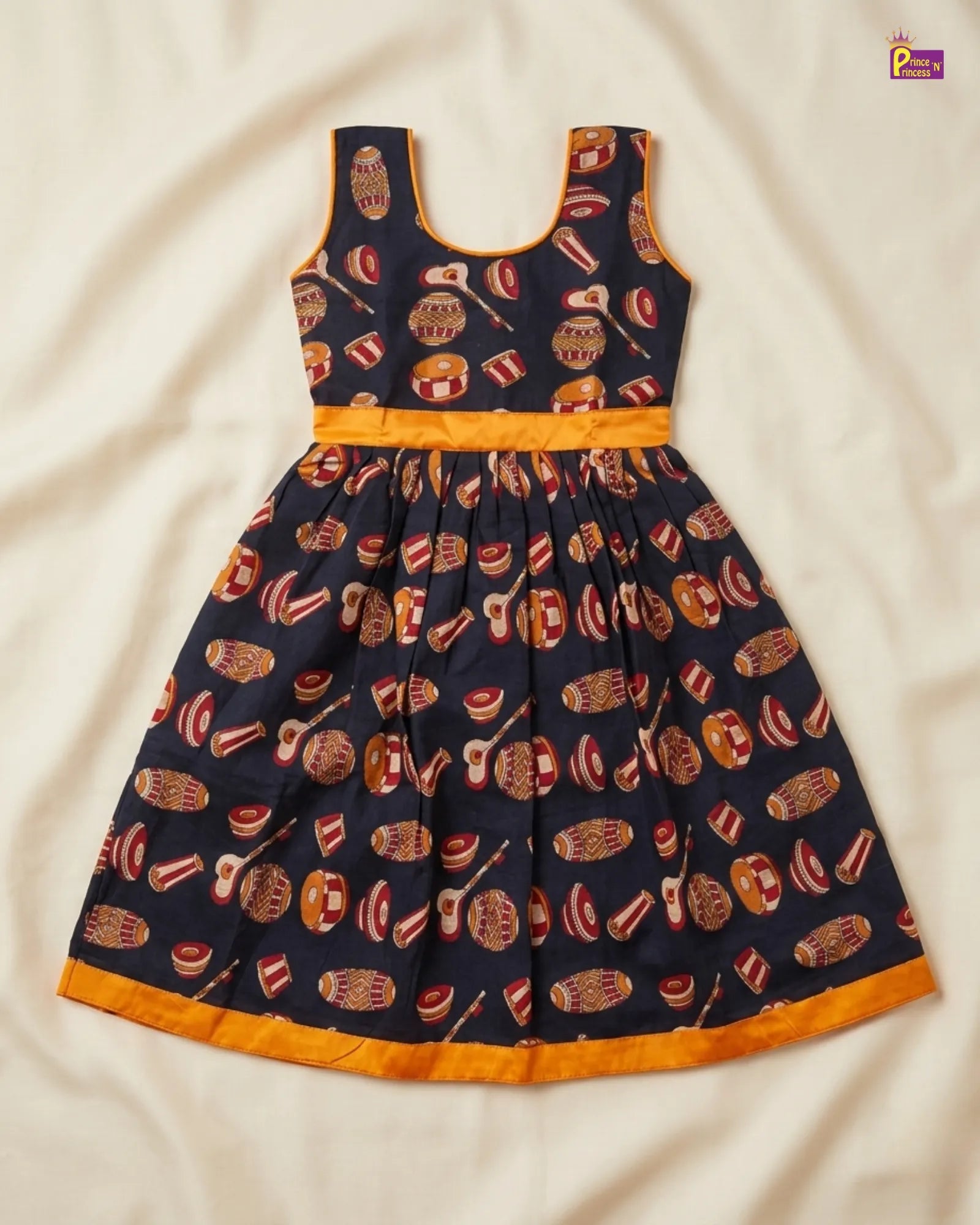 Kids Cotton Gown Black with Mango Yellow PG703 for kids festival wear